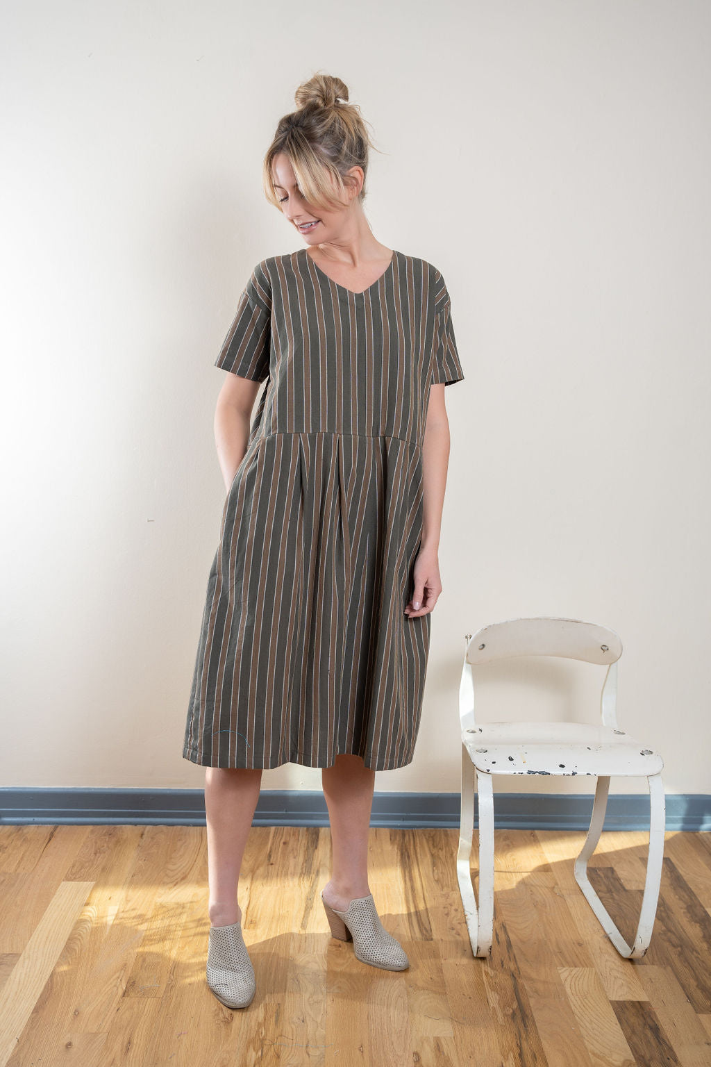 Eloise Handwoven Cotton Dress in Brown Stripe