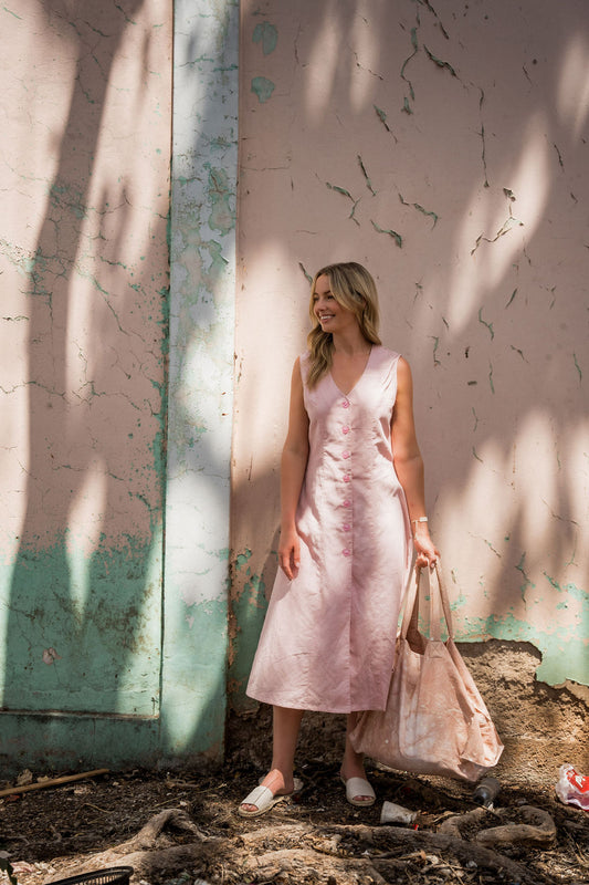 Marcy Midi Dress in Blush Linen