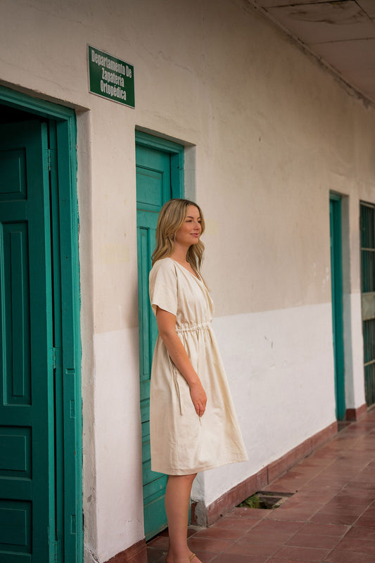 Rose Drawstring Dress in Cream Linen