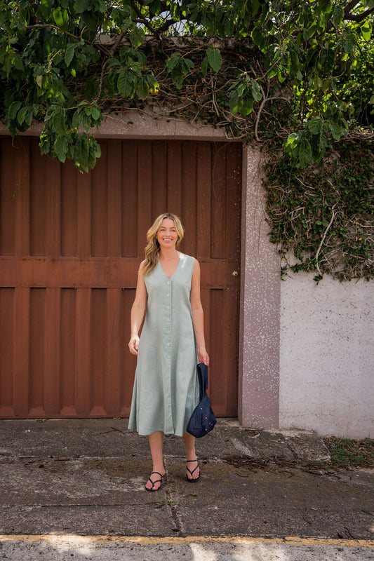 Marcy Midi Dress in Sage Linen