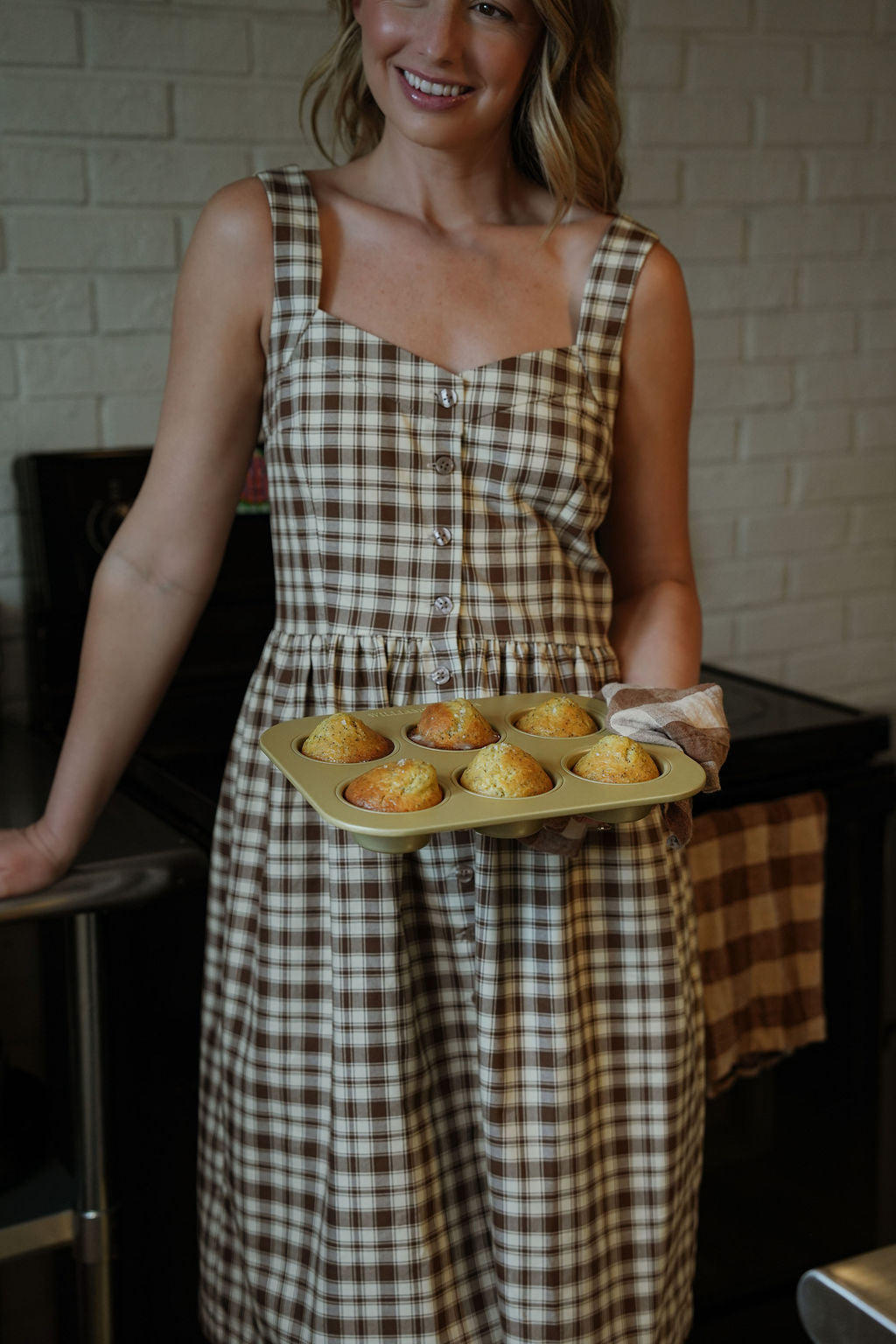 Mia Linen Dress in Brown and Cream Cotton