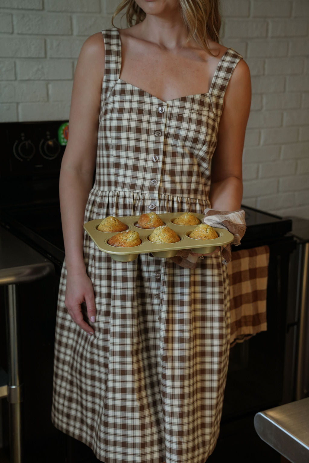 Mia Linen Dress in Brown and Cream Cotton