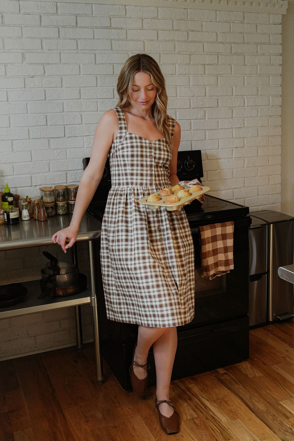 Mia Linen Dress in Brown and Cream Cotton