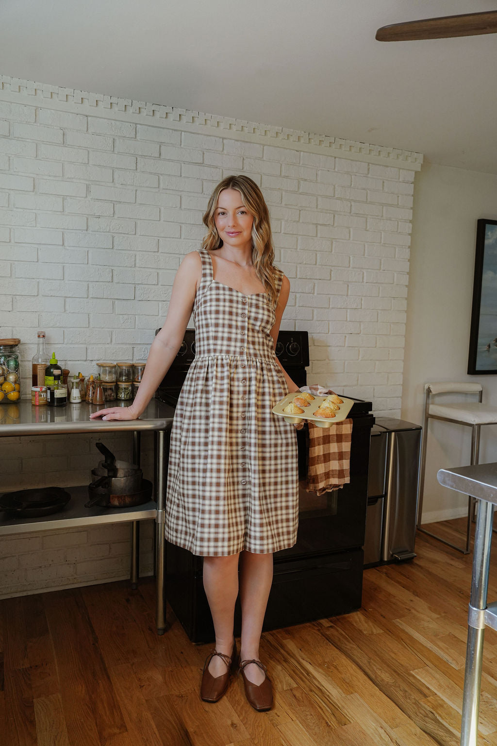 Mia Linen Dress in Brown and Cream Cotton