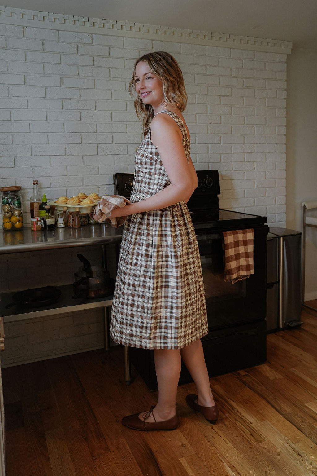 Mia Linen Dress in Brown and Cream Cotton