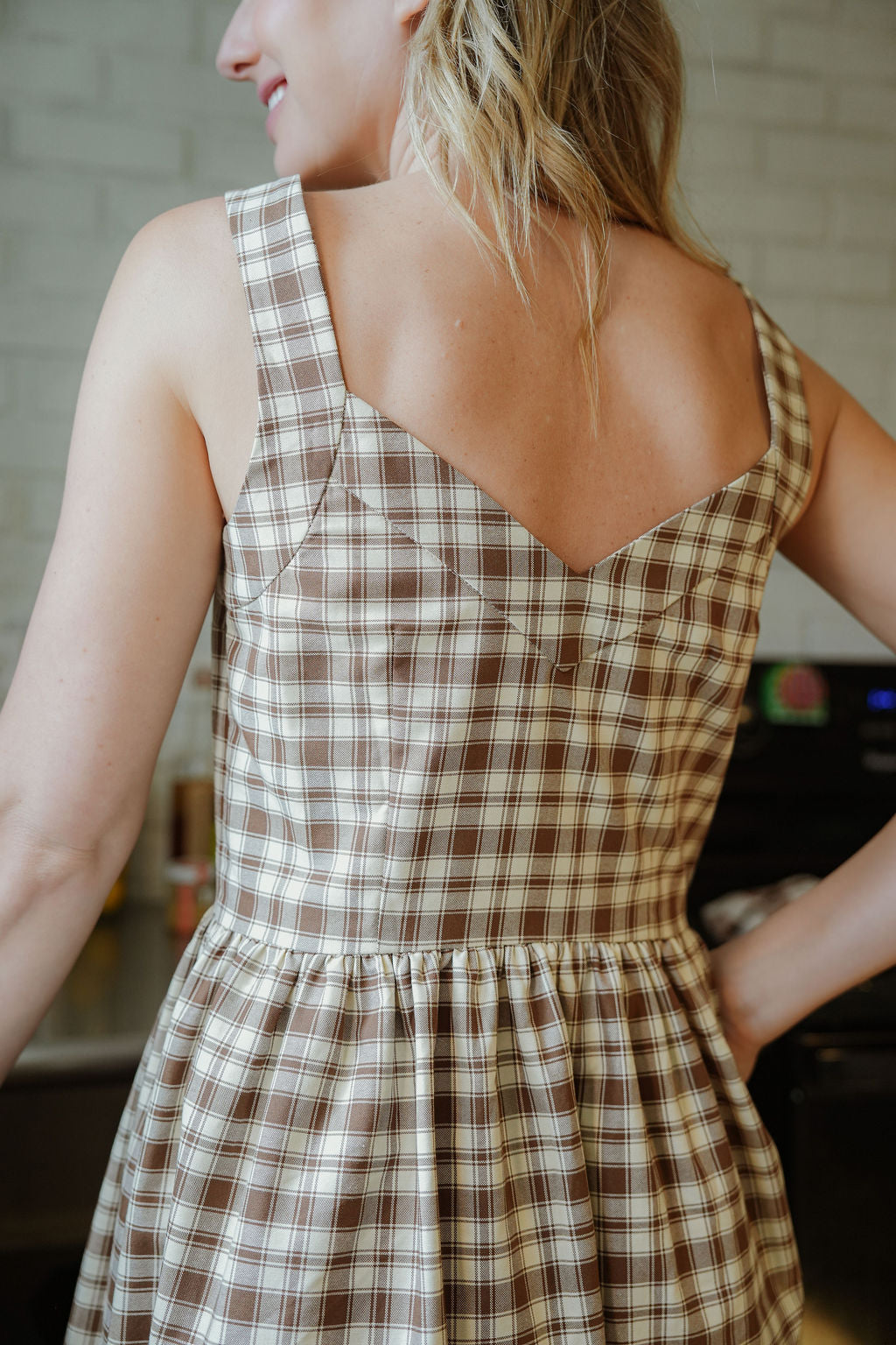 Mia Linen Dress in Brown and Cream Cotton S Mia Linen Dress in Brown and Cream Cotton S