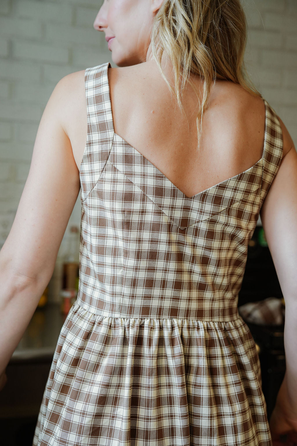 Mia Linen Dress in Brown and Cream Cotton