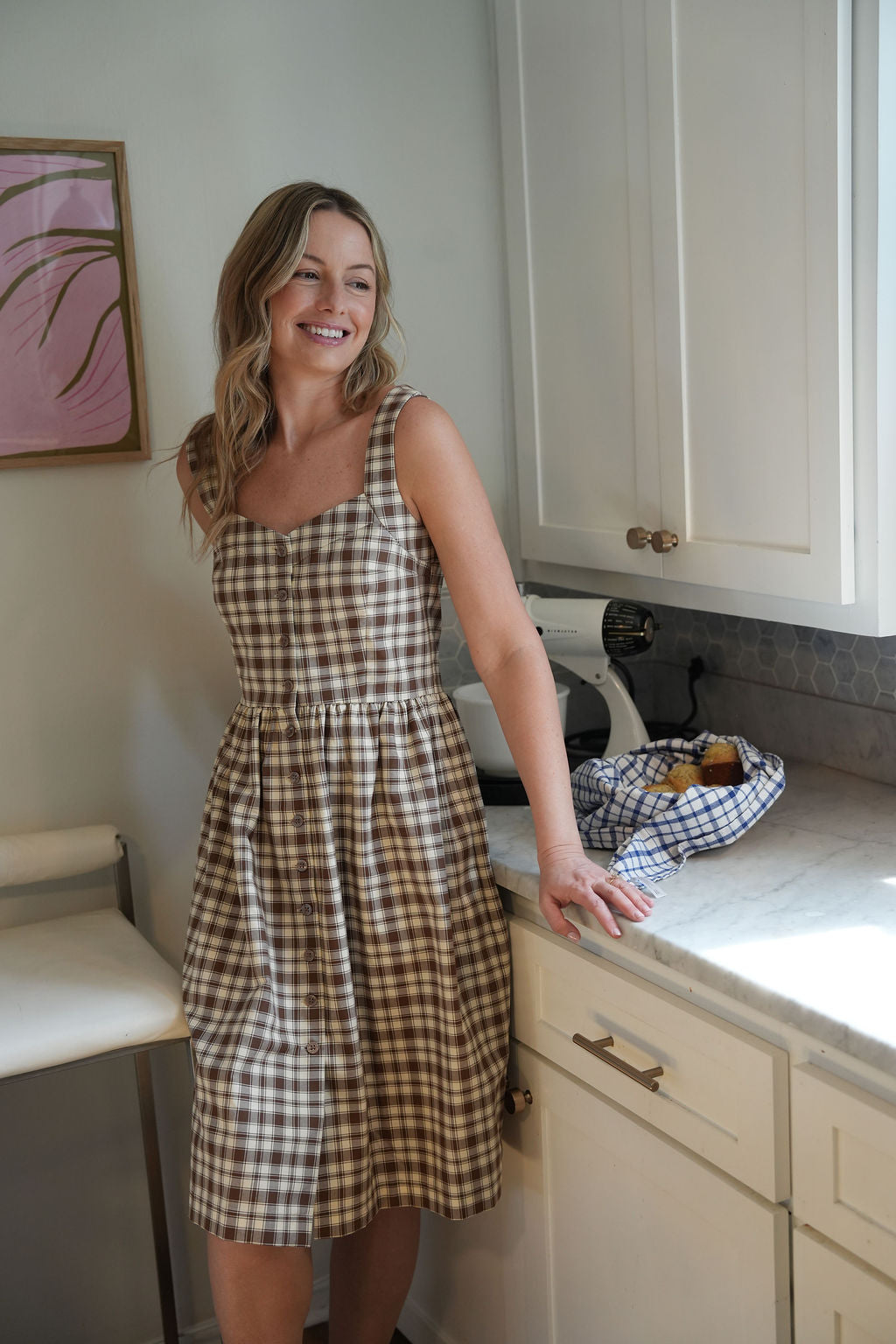 Mia Linen Dress in Brown and Cream Cotton