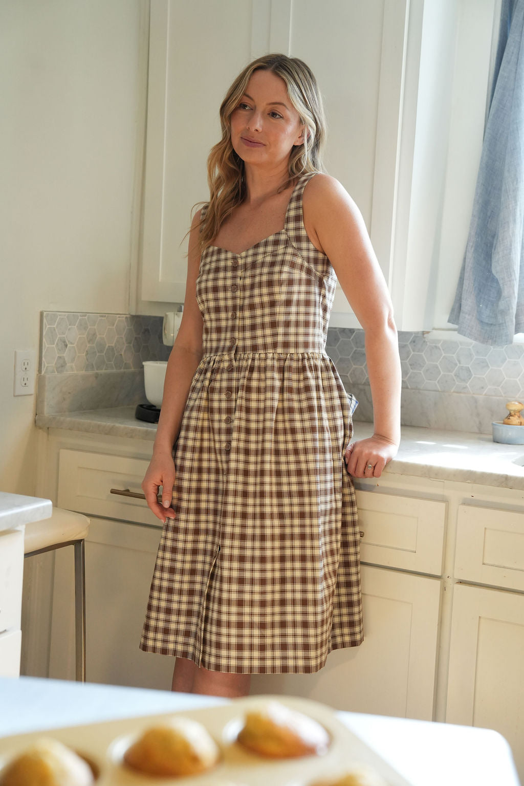 Mia Linen Dress in Brown and Cream Cotton