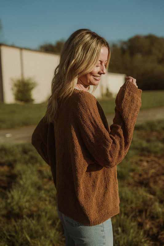 Liza Textured Knit Cotton Cardigan in Caramel Made to Order