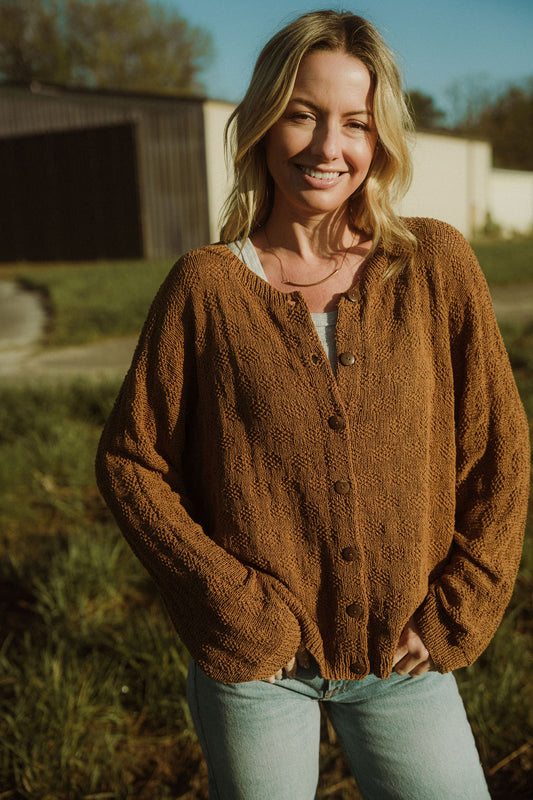 Liza Textured Knit Cotton Cardigan in Caramel Made to Order