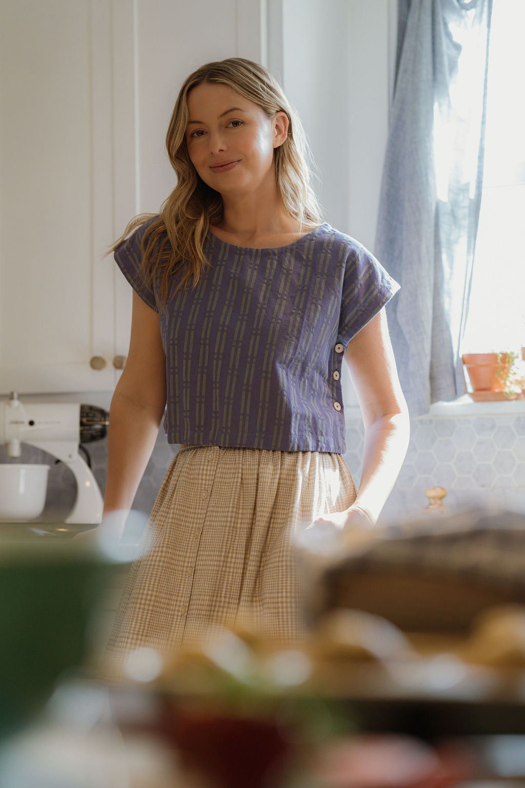Perry Gathered Midi Skirt in Cream Linen Plaid