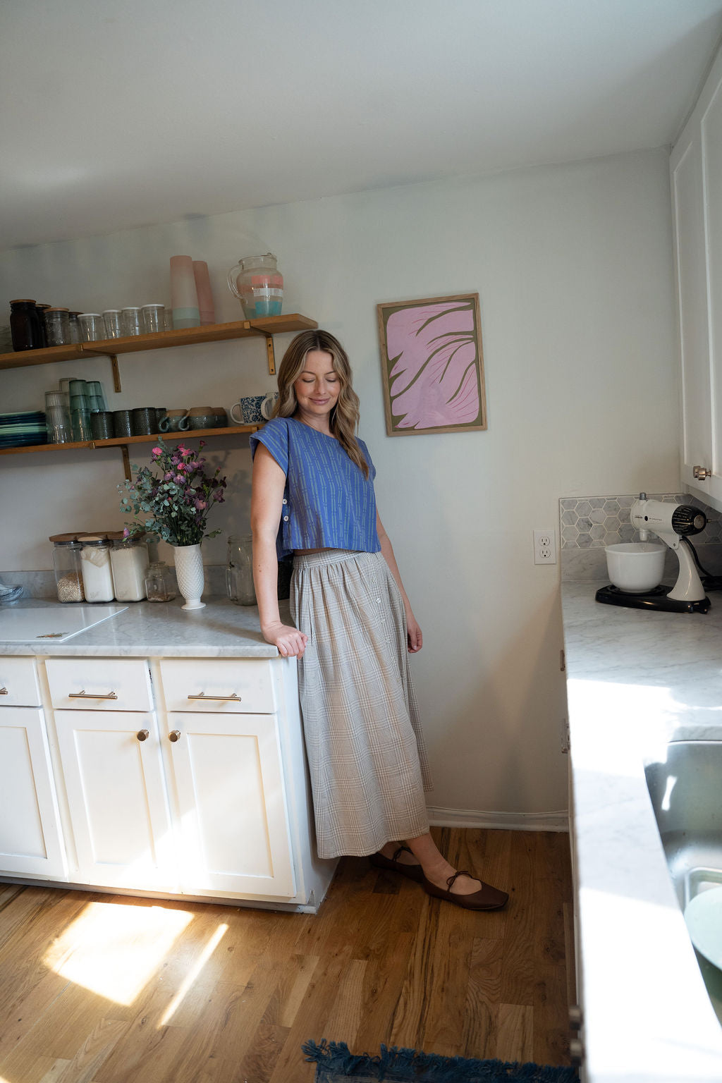 Perry Gathered Midi Skirt in Cream Linen Plaid