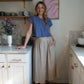 Perry Gathered Midi Skirt in Cream Linen Plaid