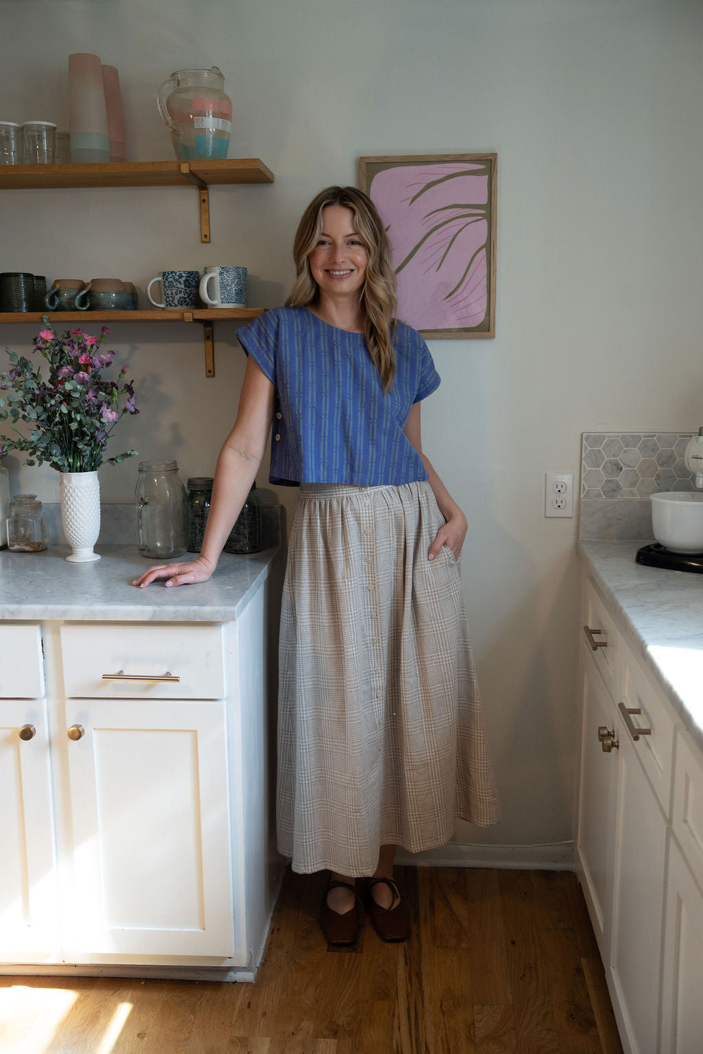 Perry Gathered Midi Skirt in Cream Linen Plaid