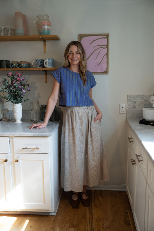 Perry Gathered Midi Skirt in Cream Linen Plaid