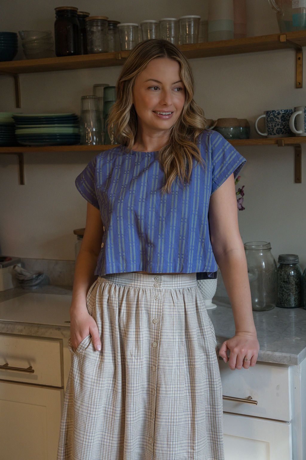 Perry Gathered Midi Skirt in Cream Linen Plaid