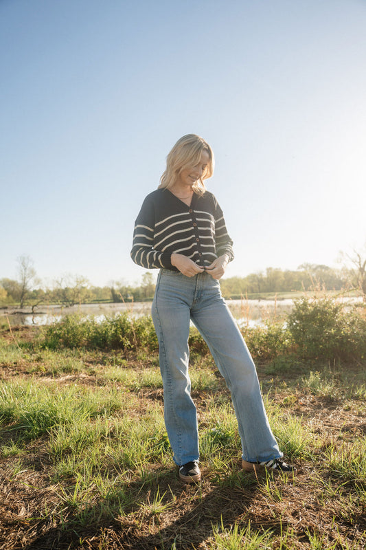 Alpaca Robbi Cardigan Sweater in Navy and White Stripe Made to Order