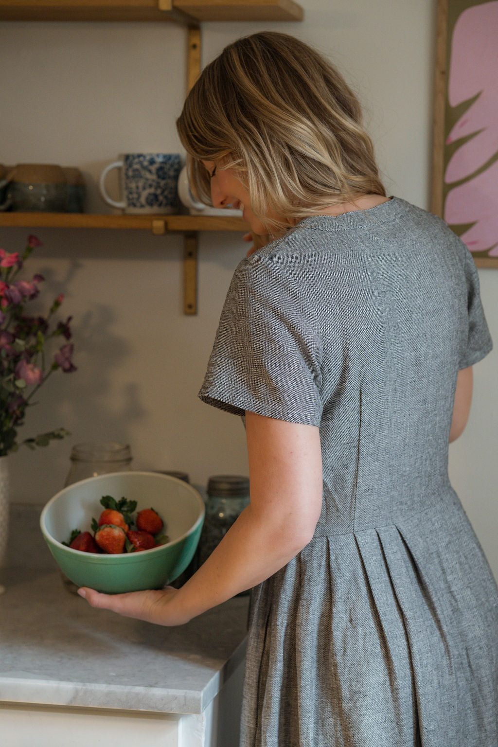 June Dress in Tiny Black and White Chambray Check