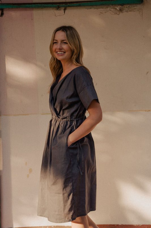 Rose Drawstring Dress in Pale Grey Linen