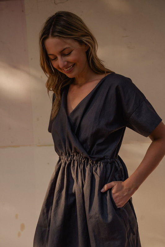 Rose Drawstring Dress in Pale Grey Linen