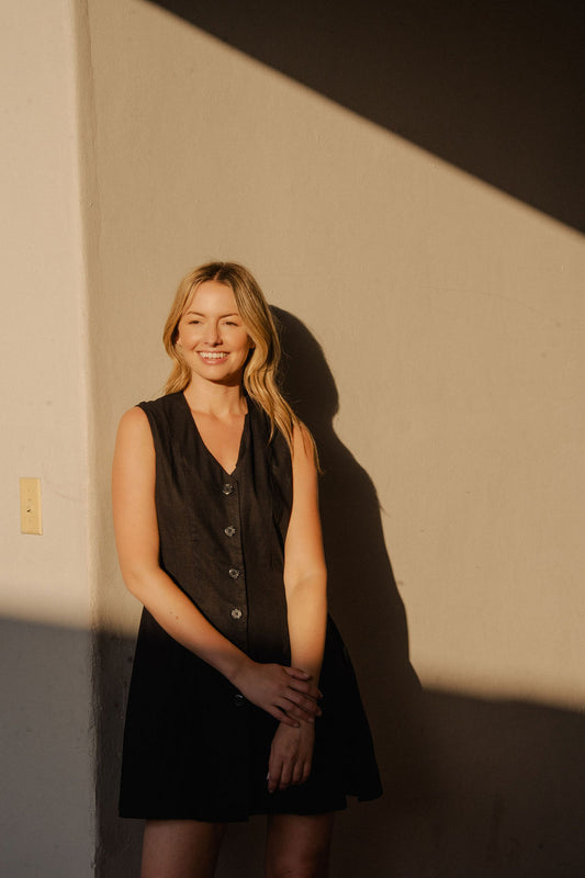 Marcy Mini Dress in Black Linen