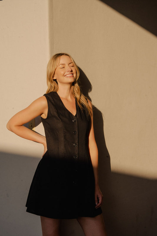 Marcy Mini Dress in Black Linen