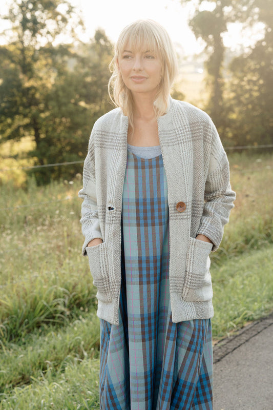 Portuguese Wool Pieper Coat in Cream and Brown Plaid Made to Order February