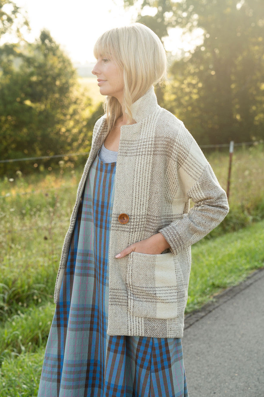 Portuguese Wool Pieper Coat in Cream and Brown Plaid  - Pre-Order 12/31