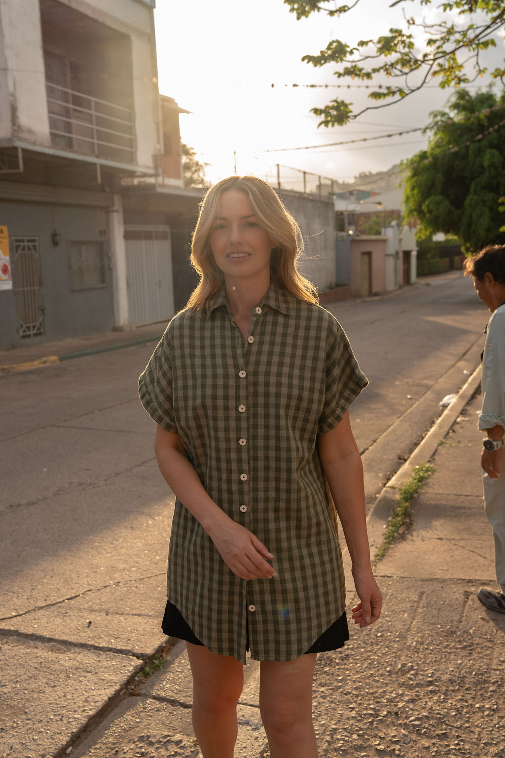 Paige Handwoven Cotton Relaxed Shirt Dress in Green Gingham