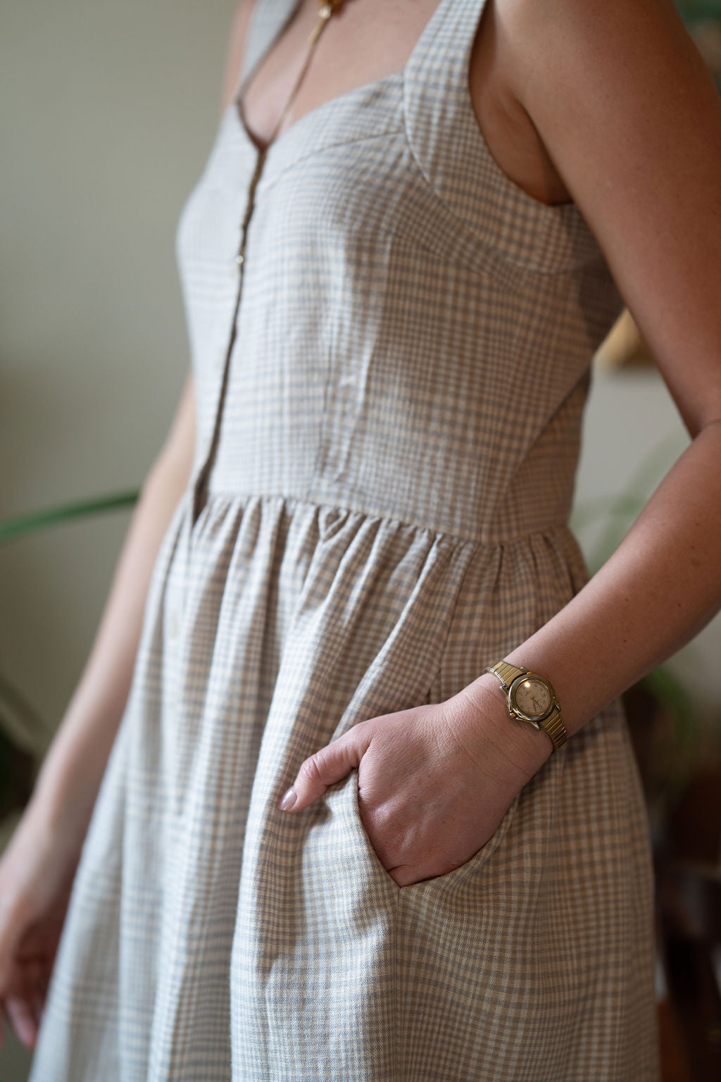 Mia Linen Dress in Cream Plaid Linen