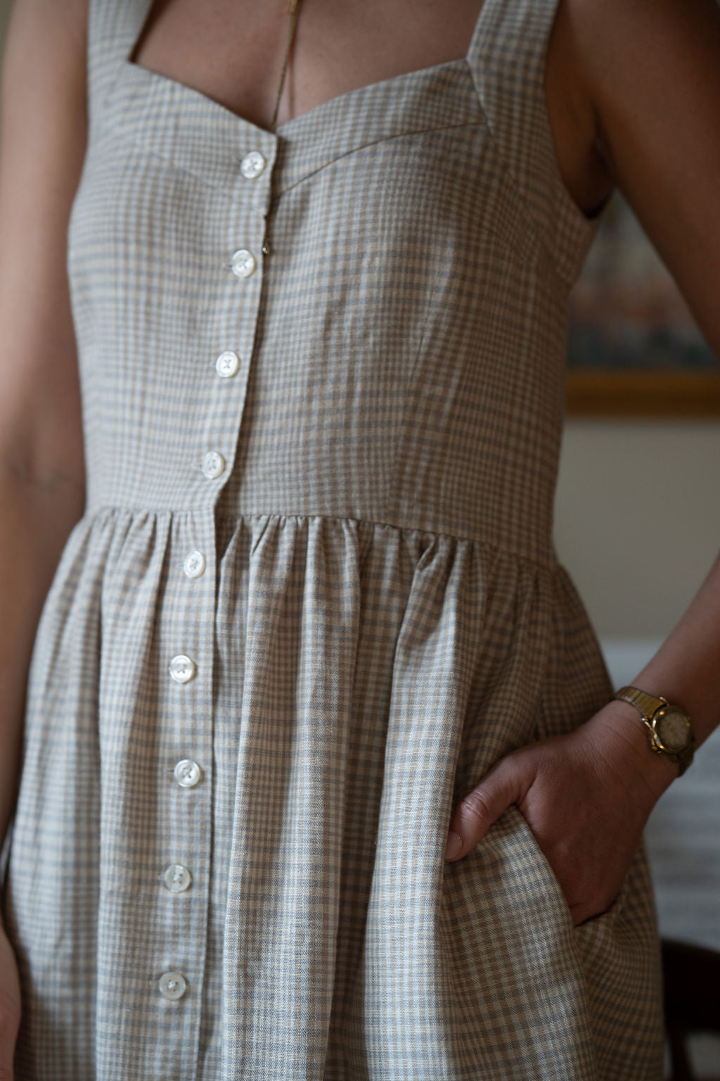 Mia Linen Dress in Cream Plaid Linen