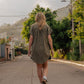 Paige Handwoven Cotton Relaxed Shirt Dress in Green Gingham