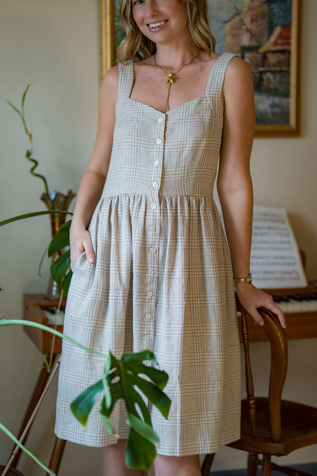 Mia Linen Dress in Cream Plaid Linen