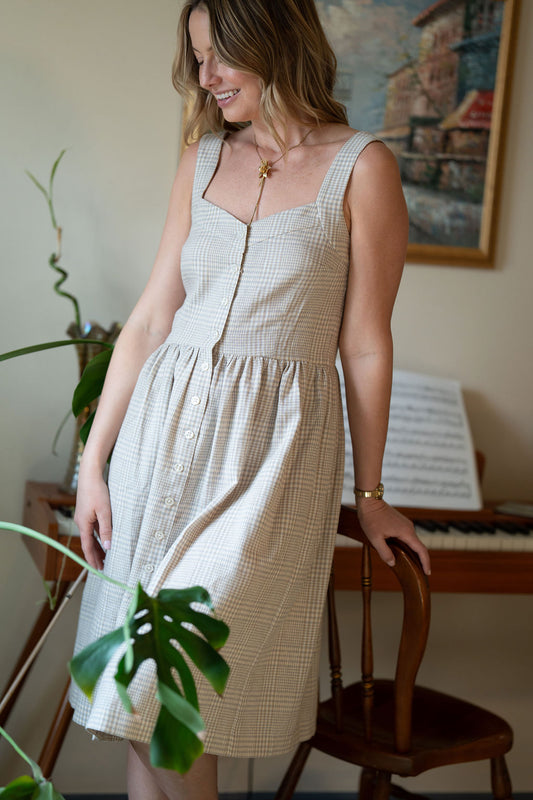 Mia Linen Dress in Cream Plaid Linen