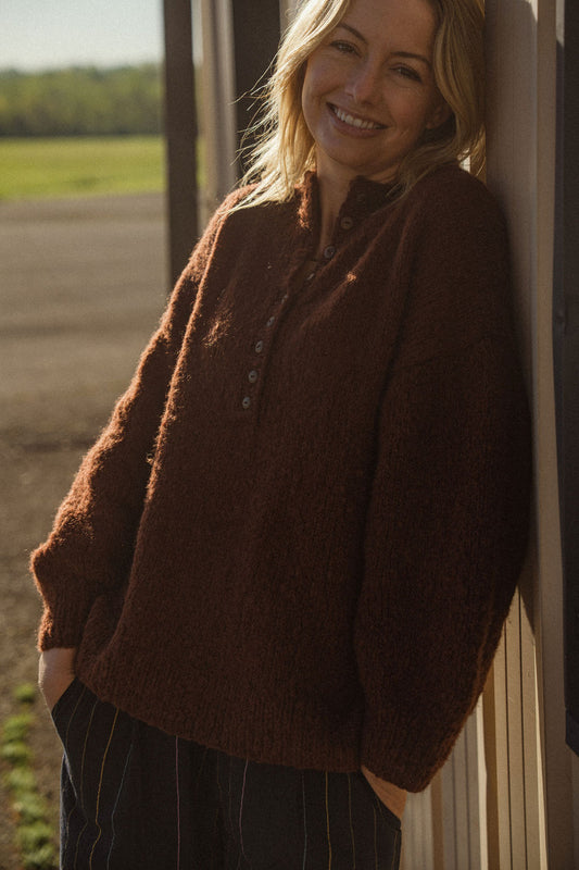 Edith Mohair Pullover Henley Sweater in Rust Brown Made to Order