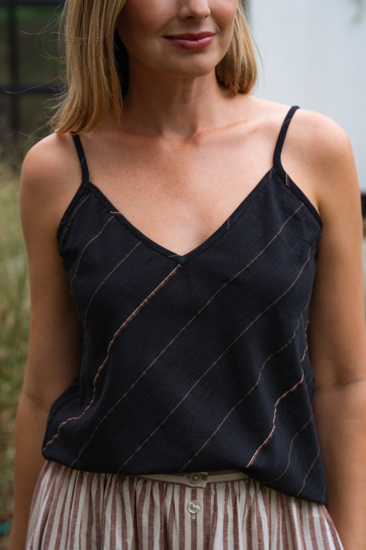 Bias Cut Tank in Black Handwoven Cotton