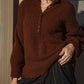Edith Mohair Pullover Henley Sweater in Rust Brown Made to Order
