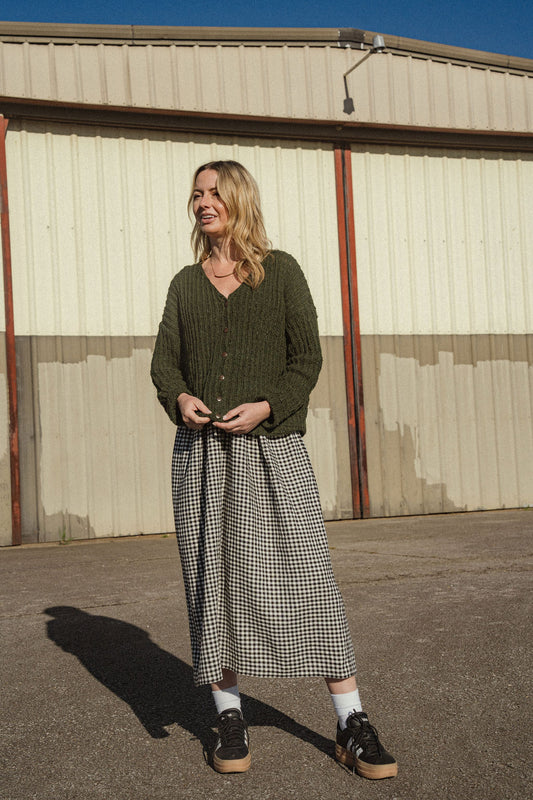 Cara Ribbed Cardigan in Nettle Allo and Cotton Dark Green - S and M Left