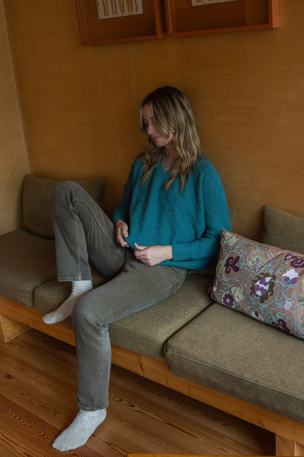 Alpaca Brenda Lace Knit Pullover in Teal