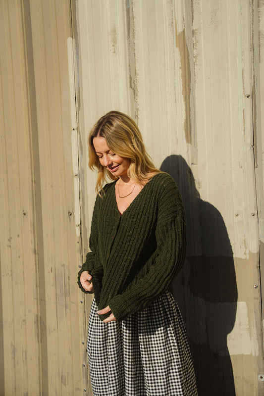 Cara Ribbed Cardigan in Nettle Allo and Cotton Dark Green
