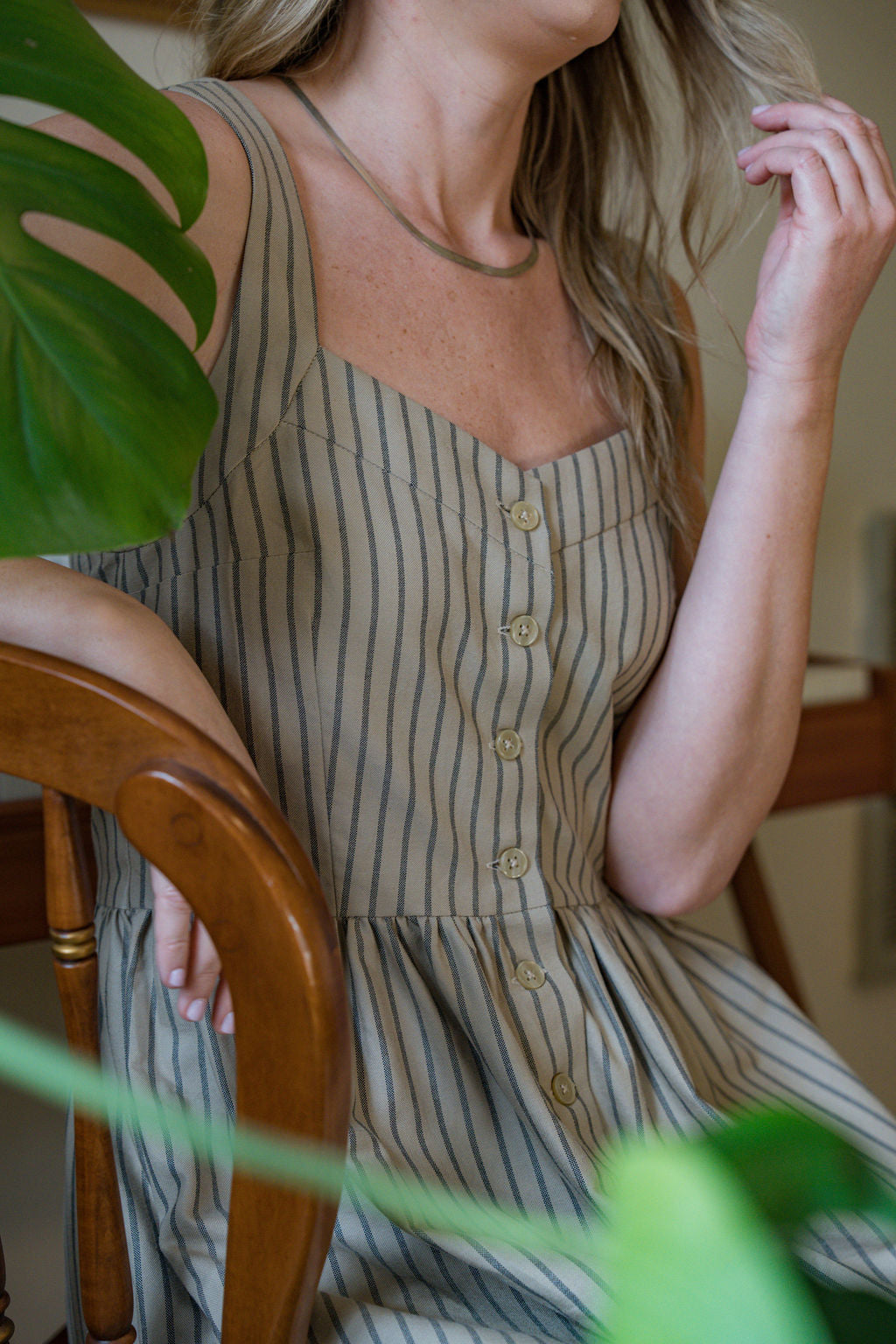 Mia Linen Dress in Tan and Black Stripe Cotton
