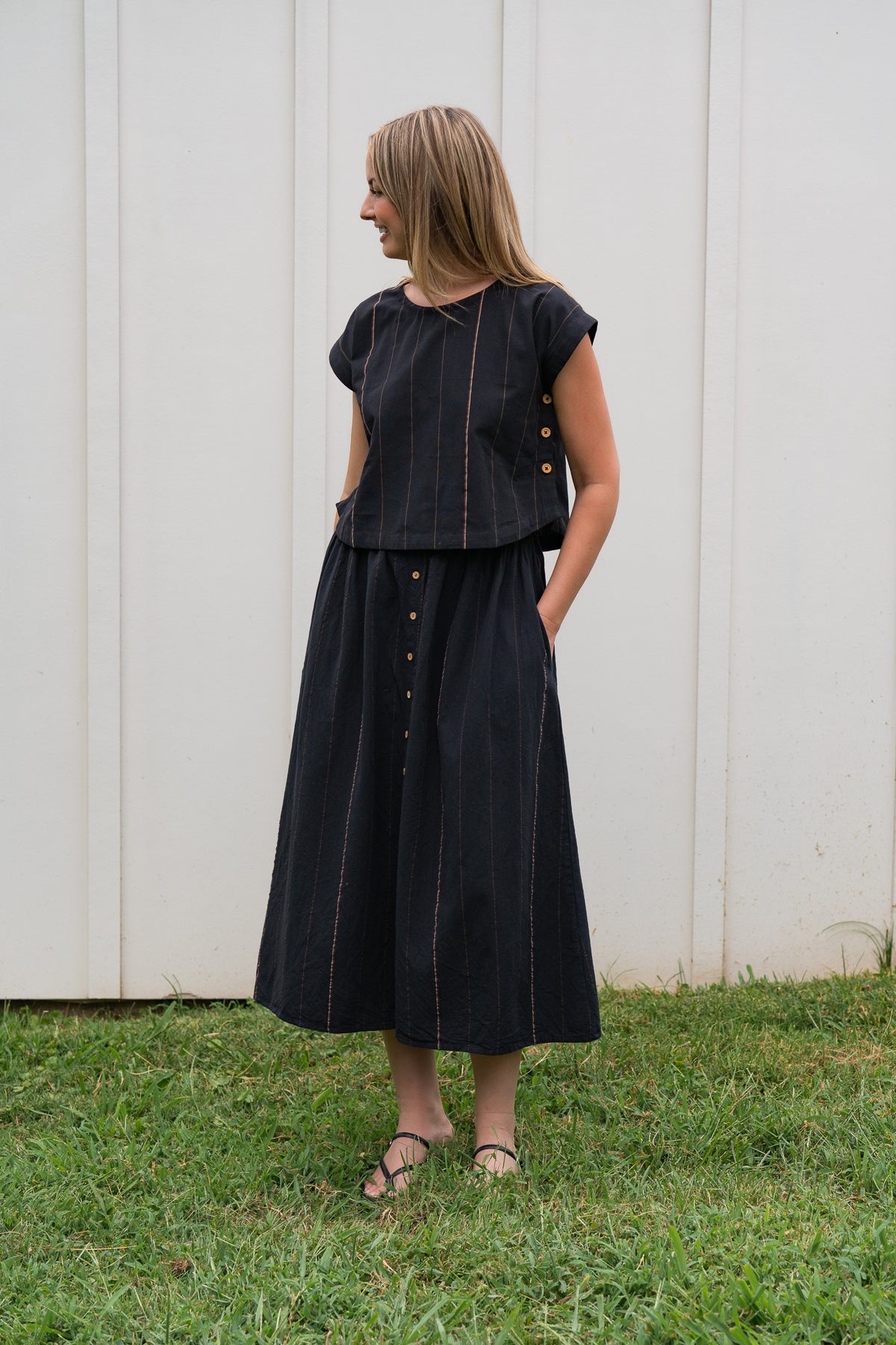 Perry Gathered Midi Skirt in Black Handwoven Cotton