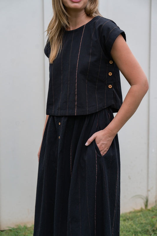 Perry Gathered Midi Skirt in Black Handwoven Cotton