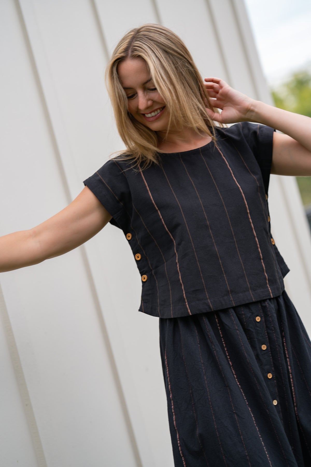 Perry Gathered Midi Skirt in Black Handwoven Cotton