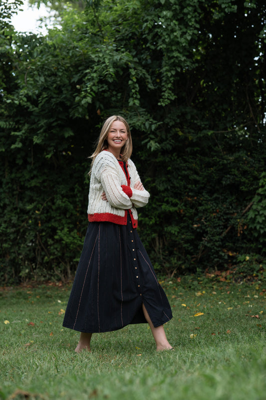 Perry Gathered Midi Skirt in Black Handwoven Cotton