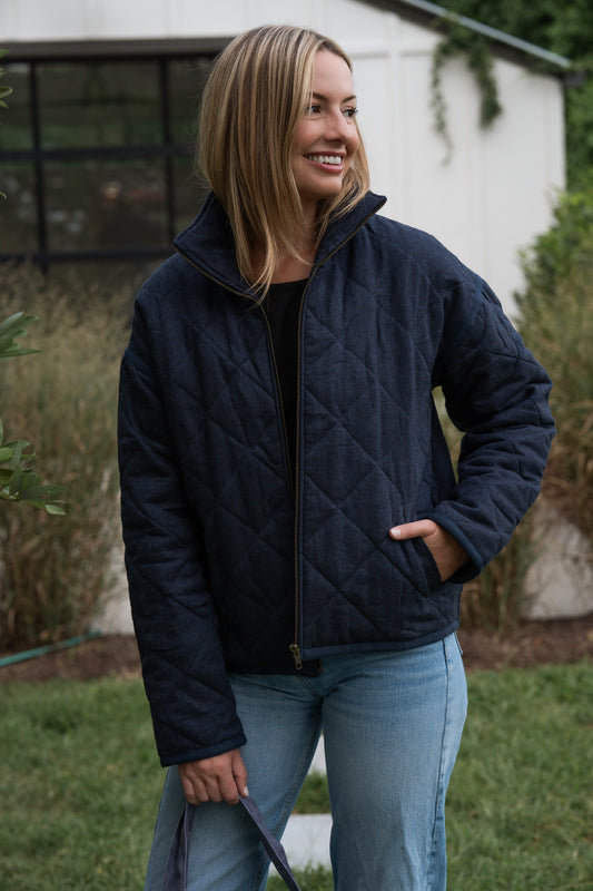 Jamie Linen Quilted Jacket in Navy