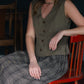Perry Gathered Midi Skirt in Black and Tan Linen Plaid