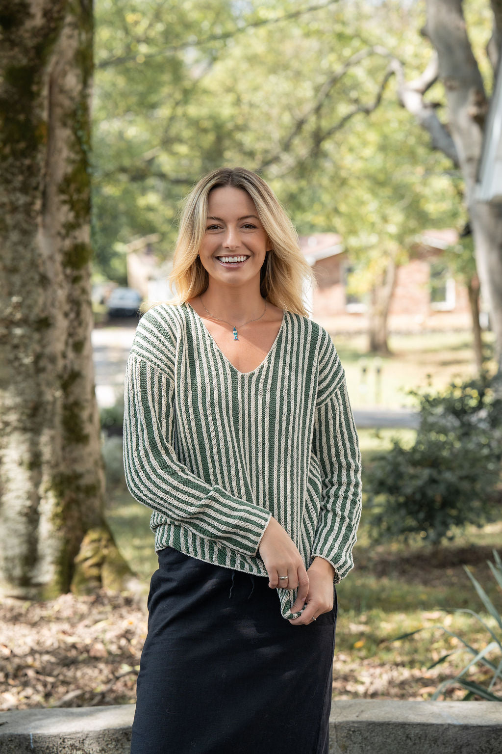 Finn V-Neck Cotton Sweater in Sage and Cream Made to Order