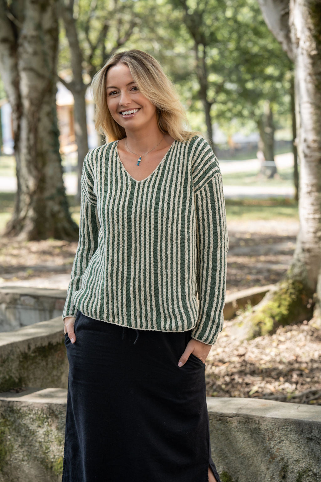 Finn V-Neck Cotton Sweater in Sage and Cream Made to Order